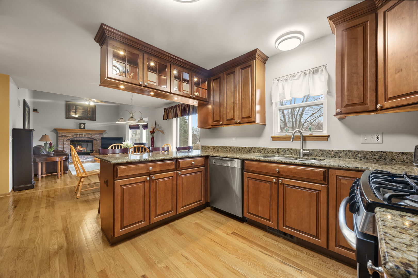 33 Forestview Lane Aurora, IL 60502 - Photo 9 of 27 a kitchen with stainless steel appliances granite countertop a sink dishwasher stove and wooden cabinets with wooden floor