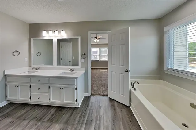 a bathroom with a double vanity sink a mirror and a bathtub