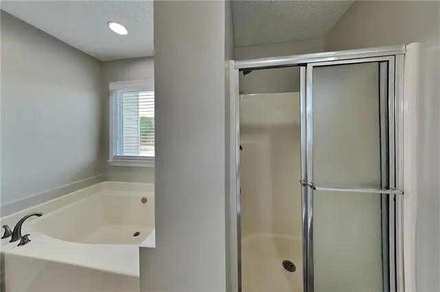a bathroom with a bathtub and a shower