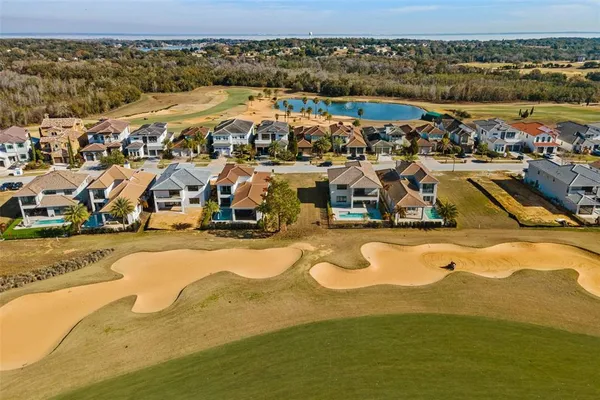 an aerial view of a swimming pool