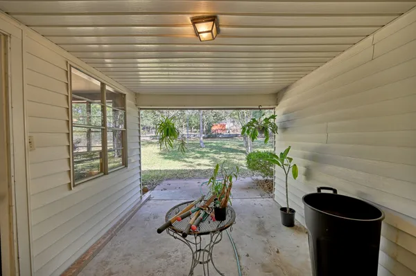 a room with patio chairs and a potted plant