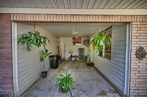 a porch with seating space