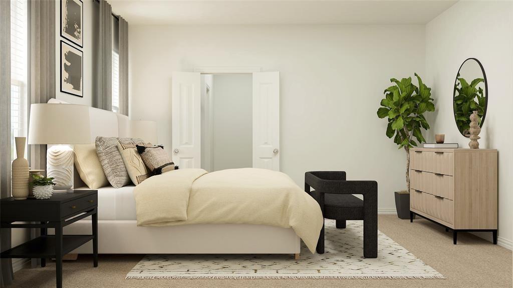 227 Jenkinson Drive Fate, TX 75189 - Photo 12 of 17 a bedroom with a bed table chair and a potted plant