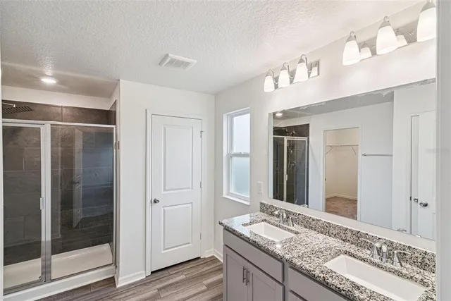 a bathroom with a granite countertop sink mirror and shower
