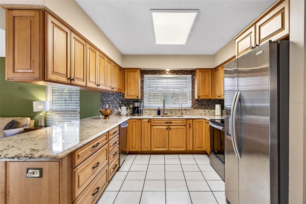 12913 Rain Forest Street Temple Terrace, FL 33617 - Photo 28 of 63 a kitchen with stainless steel appliances granite countertop a refrigerator and a sink