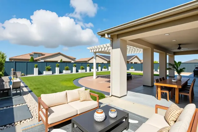 a view of a house with a swimming pool and sitting area