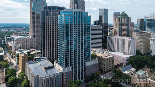 a city view with tall buildings