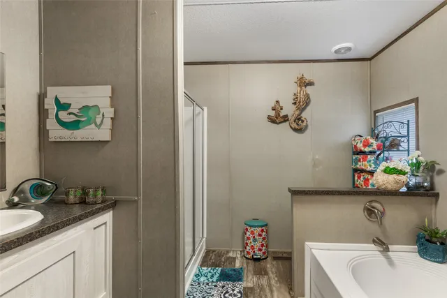 a bathroom with a sink a vanity and a mirror