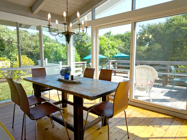a view of a dining room with furniture window and outside view