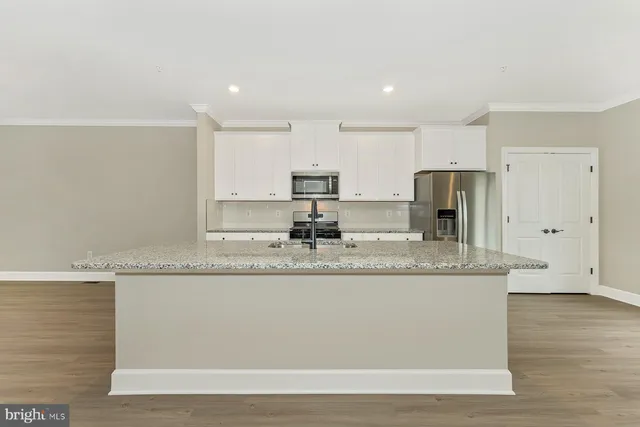 a kitchen with stainless steel appliances granite countertop a sink a refrigerator and a granite counter tops