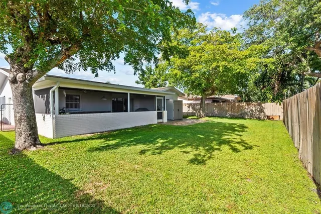 a view of a backyard with plants and large tree