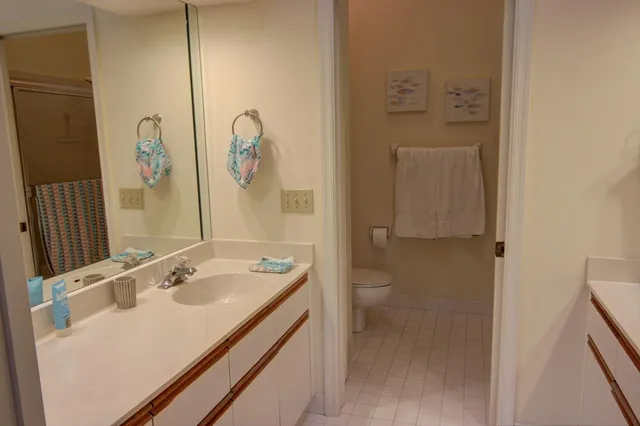 a bathroom with a sink and mirror with toilet