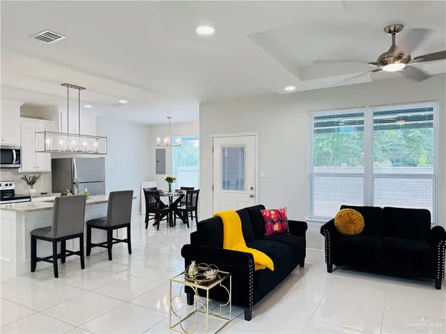 a living room with furniture and a potted plant