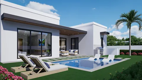 a view of a house with backyard sitting area and garden