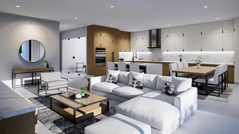 a living room with furniture and wooden floor