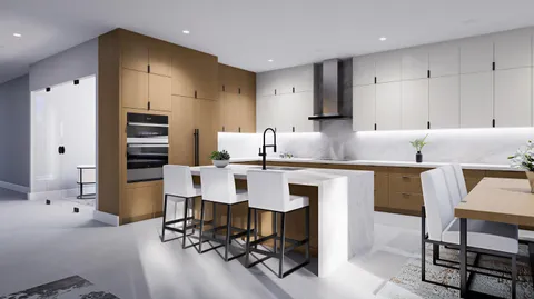 a kitchen with kitchen island a dining table chairs cabinets a sink and a window