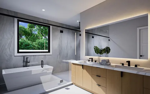 a bathroom with a double vanity sink a mirror and a window