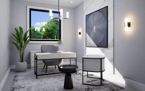 a workspace with furniture and a potted plant