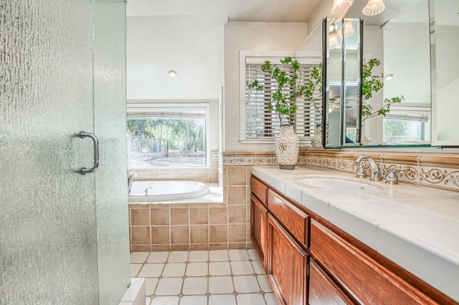 12592 Auberry Road Clovis, CA 93619 - Photo 18 of 65 a bathroom with a granite countertop sink a large mirror and a bathtub