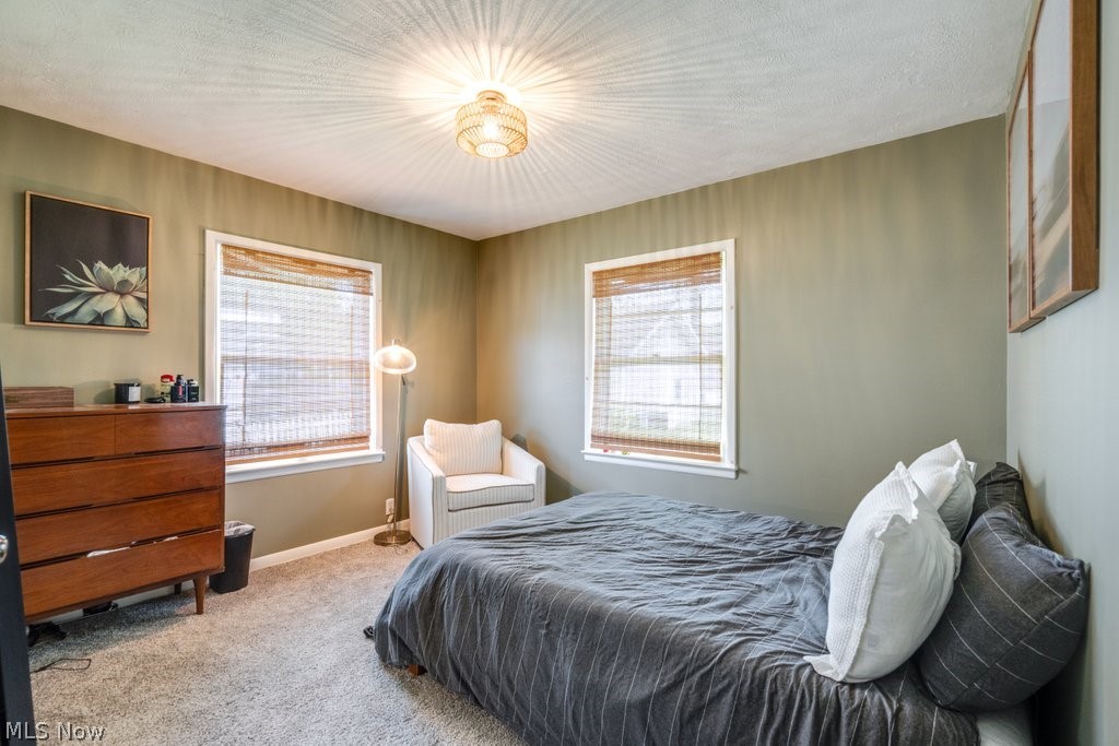 3569 Elm Road Stow, OH 44224 - Photo 8 of 17 Carpeted room featuring two windows with wood-tone blinds, a textured ceiling, and a modern flush-mount light fixture