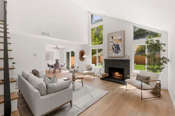 a living room with furniture and a fireplace