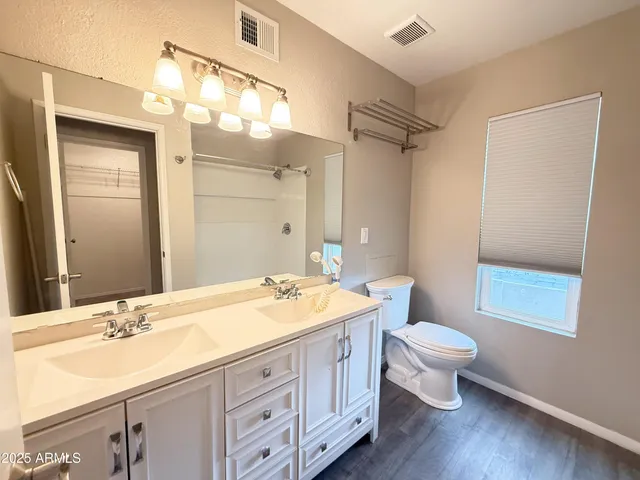 a bathroom with a double vanity sink toilet and mirror