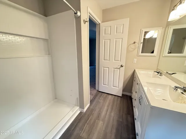 a bathroom with a sink a mirror and a shower