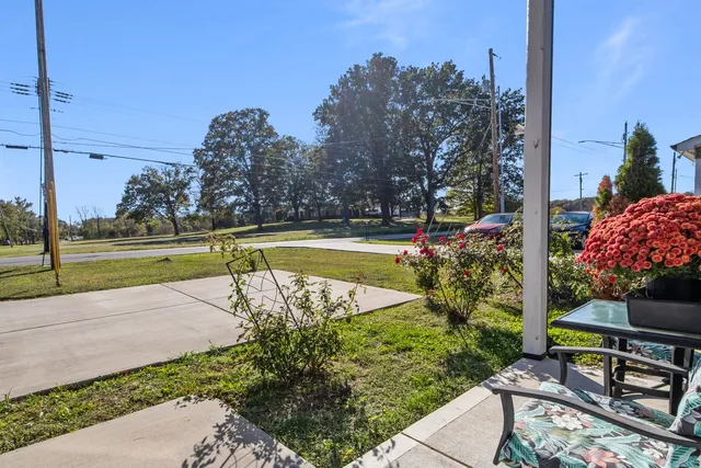 a view of a swimming pool with a yard and potted plants