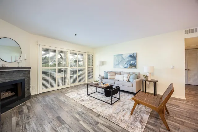 a living room with furniture a fireplace and a floor to ceiling window
