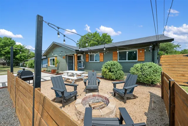 a view of a house with backyard sitting area and garden