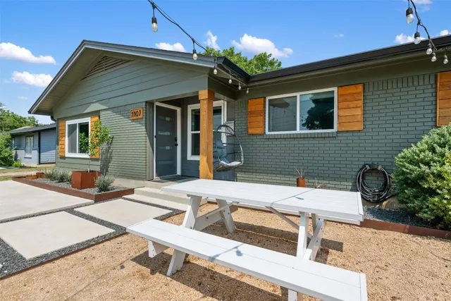 a front view of a house with patio