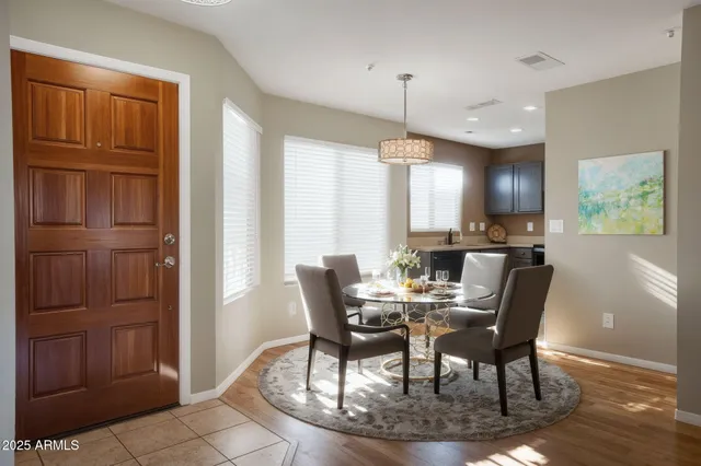 a view of a dining room with furniture