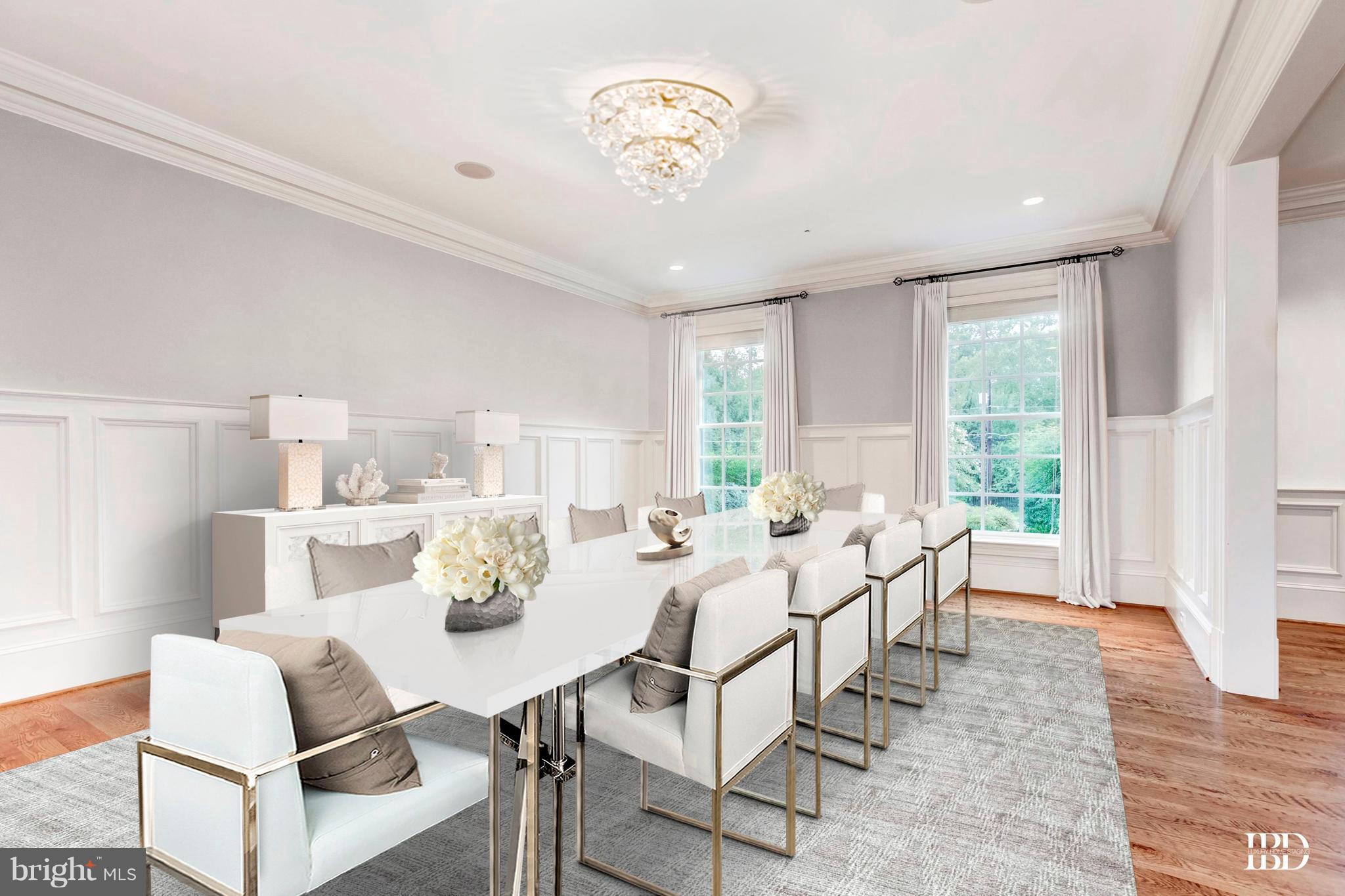 9809 Newhall Road Potomac, MD 20854 - Photo 5 of 37 a view of a dining room with furniture a chandelier and wooden floor