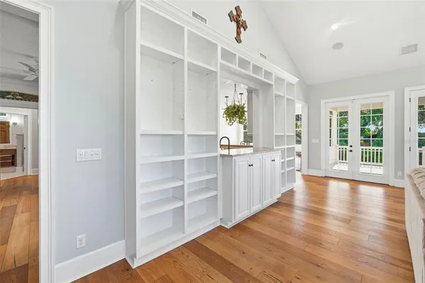 a living room with a bed