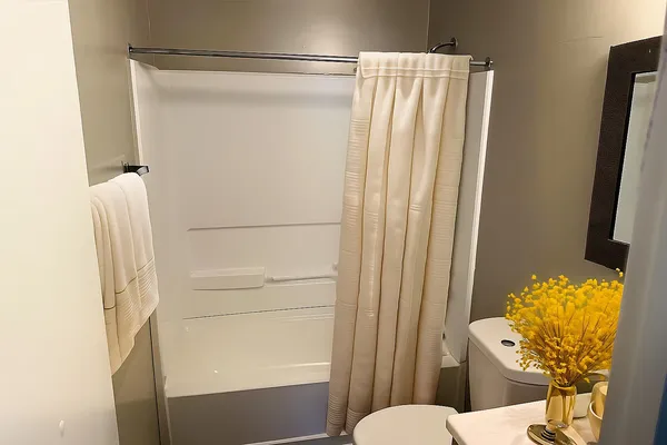 a bathroom with a shower curtain and a mirror