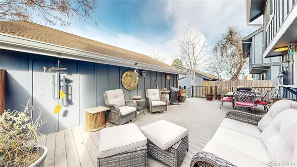 a building outdoor space with patio furniture