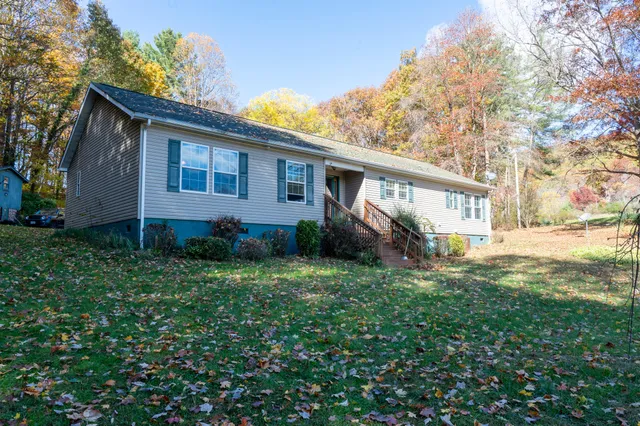 a view of a house with backyard and garden