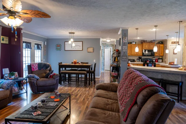 a living room with furniture a chandelier and a piano