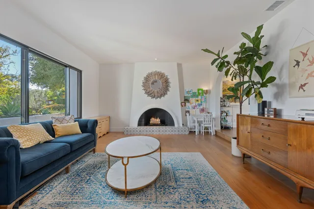 a living room with furniture a fireplace and potted plants