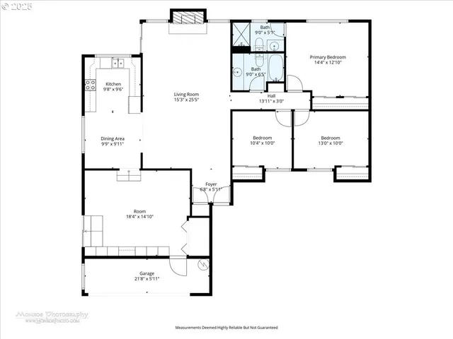 a picture of a open kitchen with a white wall and a refrigerator