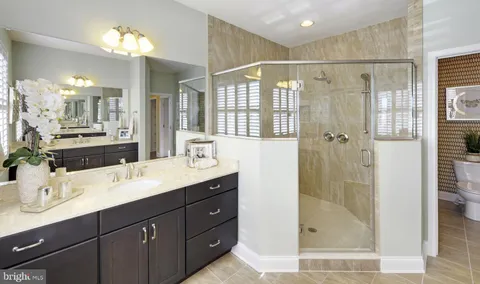 a bathroom with a double vanity sink mirror and shower