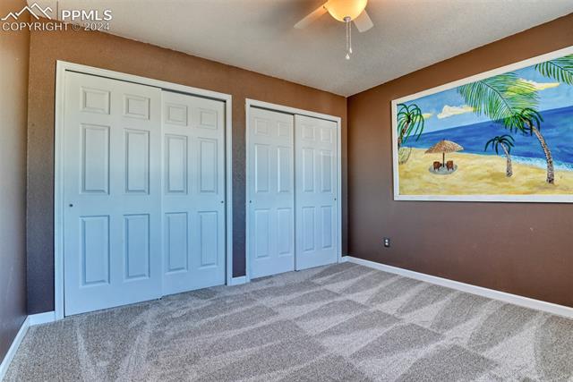 7863 Buschborn Road Peyton, CO 80831 - Photo 31 of 50 Unfurnished bedroom featuring ceiling fan, carpet floors, and multiple closets