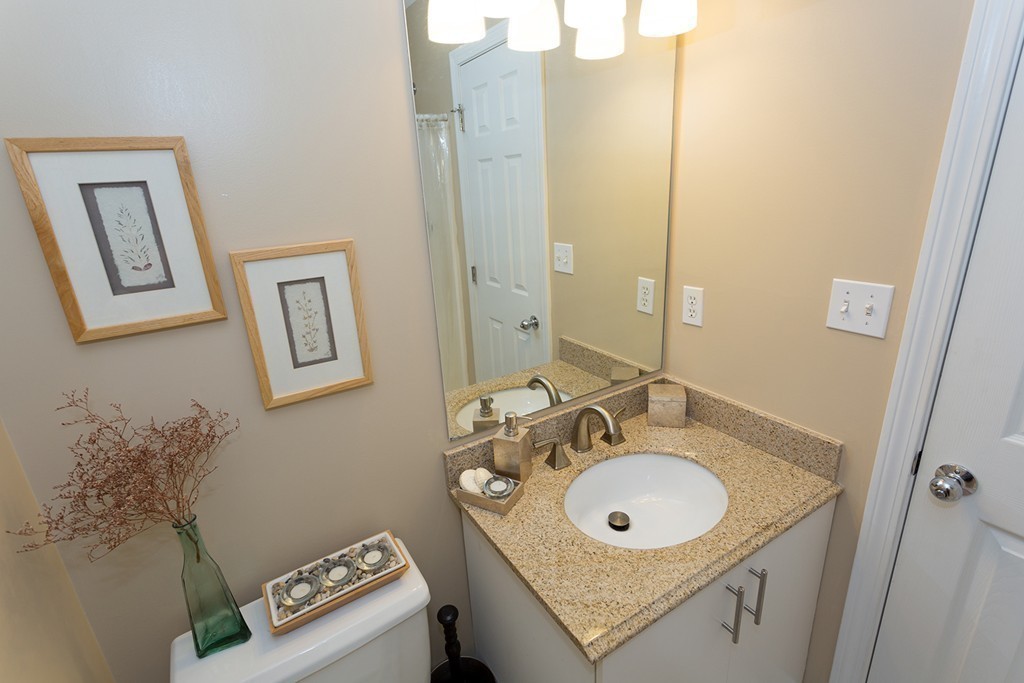 335 Bishops Forest Drive, Unit 335 Waltham, MA 02452 - Photo 15 of 21 a bathroom with a sink vanity and a mirror