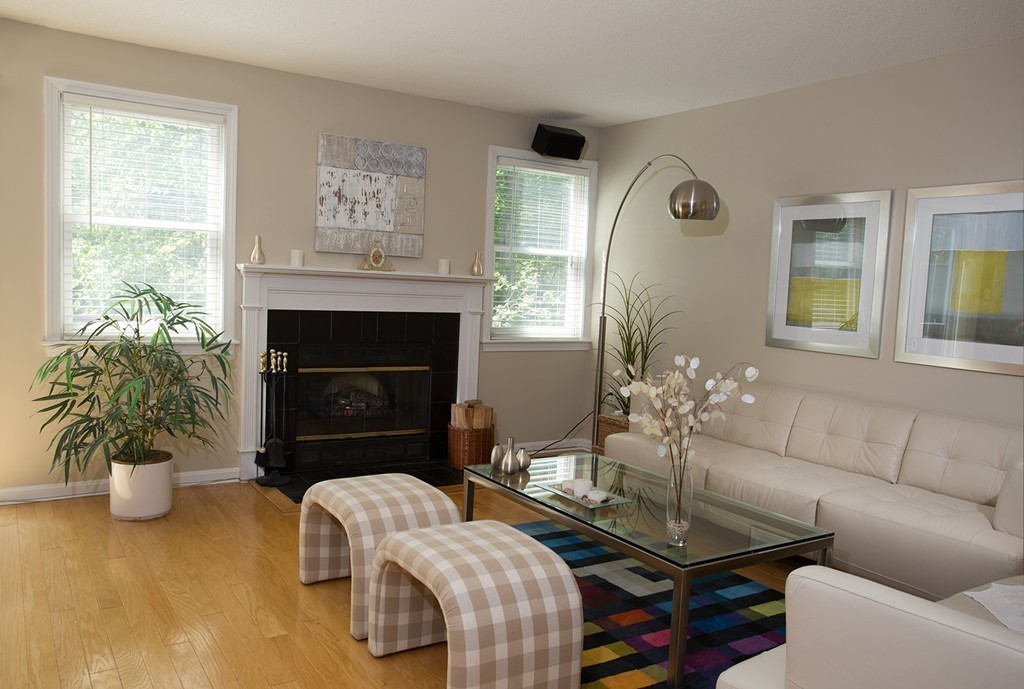 335 Bishops Forest Drive, Unit 335 Waltham, MA 02452 - Photo 8 of 21 a living room with furniture potted plant and a fireplace