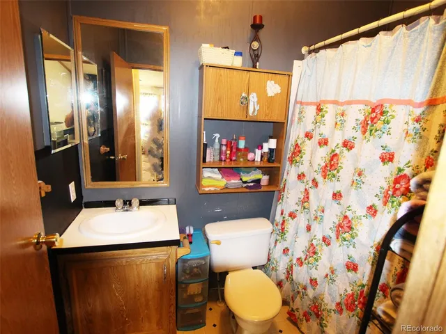 a bathroom with a sink toilet and shower curtain