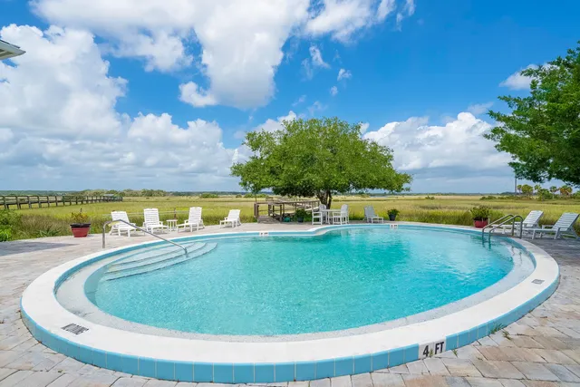 a view of a swimming pool and lounge chair