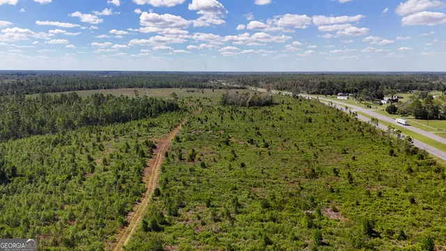 a view of a field with an ocean