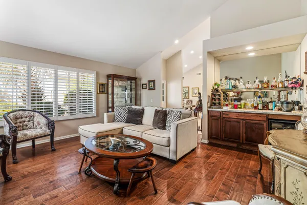 a view of a dining room with furniture