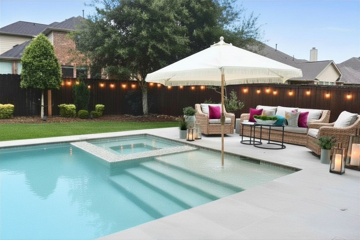 26 Winhall Place The Woodlands, TX 77354 - Photo 5 of 8 Resort style backyard retreat, featuring pool, tanning ledge, spa and expansive entertaining space. *digitally enhanced