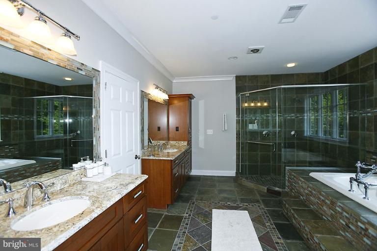 10208 Gary Road Potomac, MD 20854 - Photo 14 of 20 a bathroom with a granite countertop sink a mirror and shower